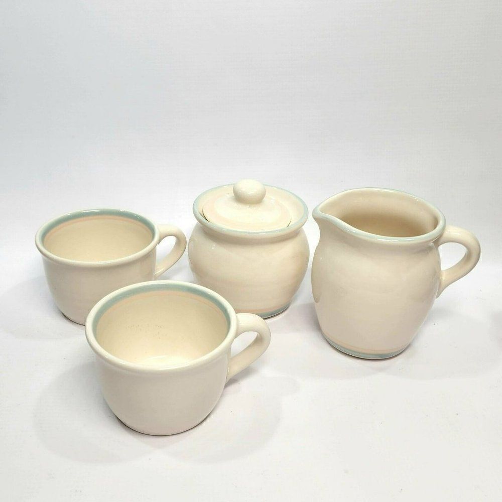 4pc Vtg Aura by Pfaltzgraff, Stoneware Cream Pitcher & Sugar Bowl + 2 teacups